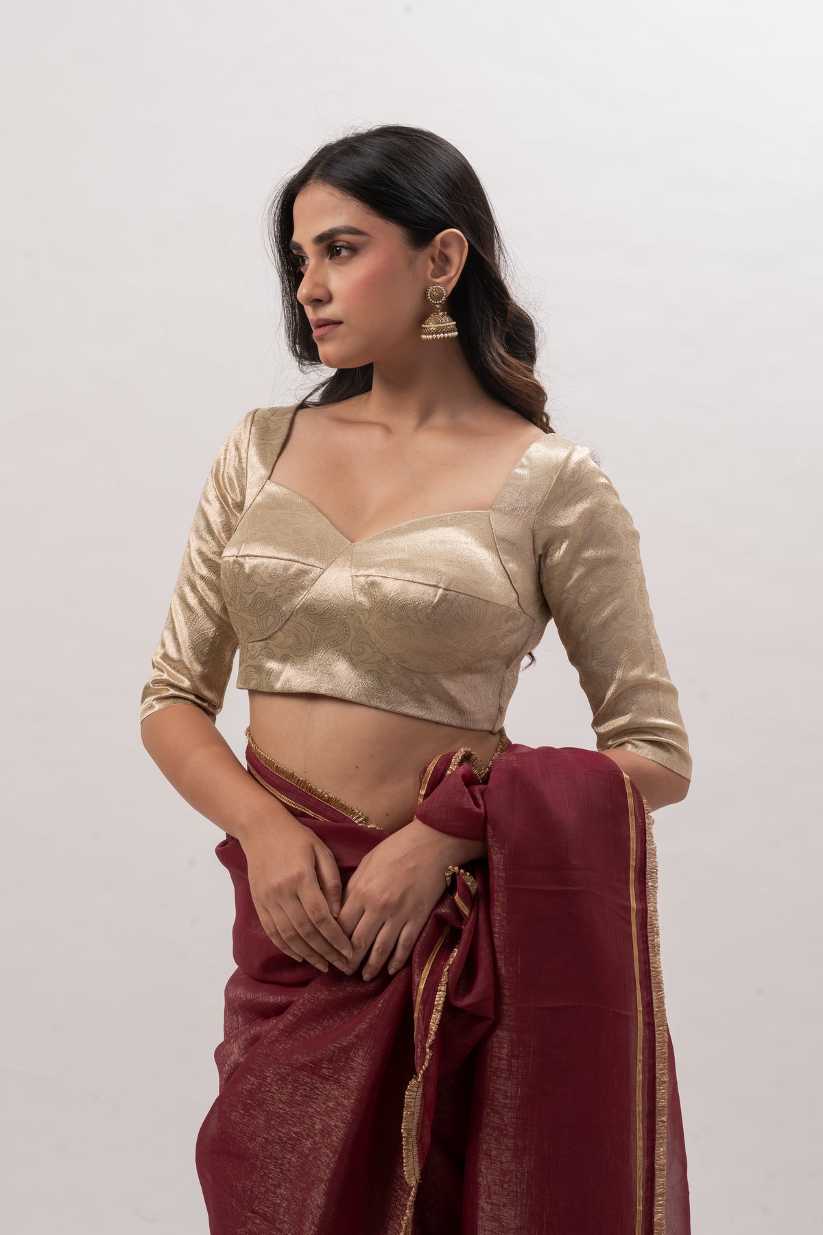 Muted Gold Elbow-Sleeve Sweetheart Blouse