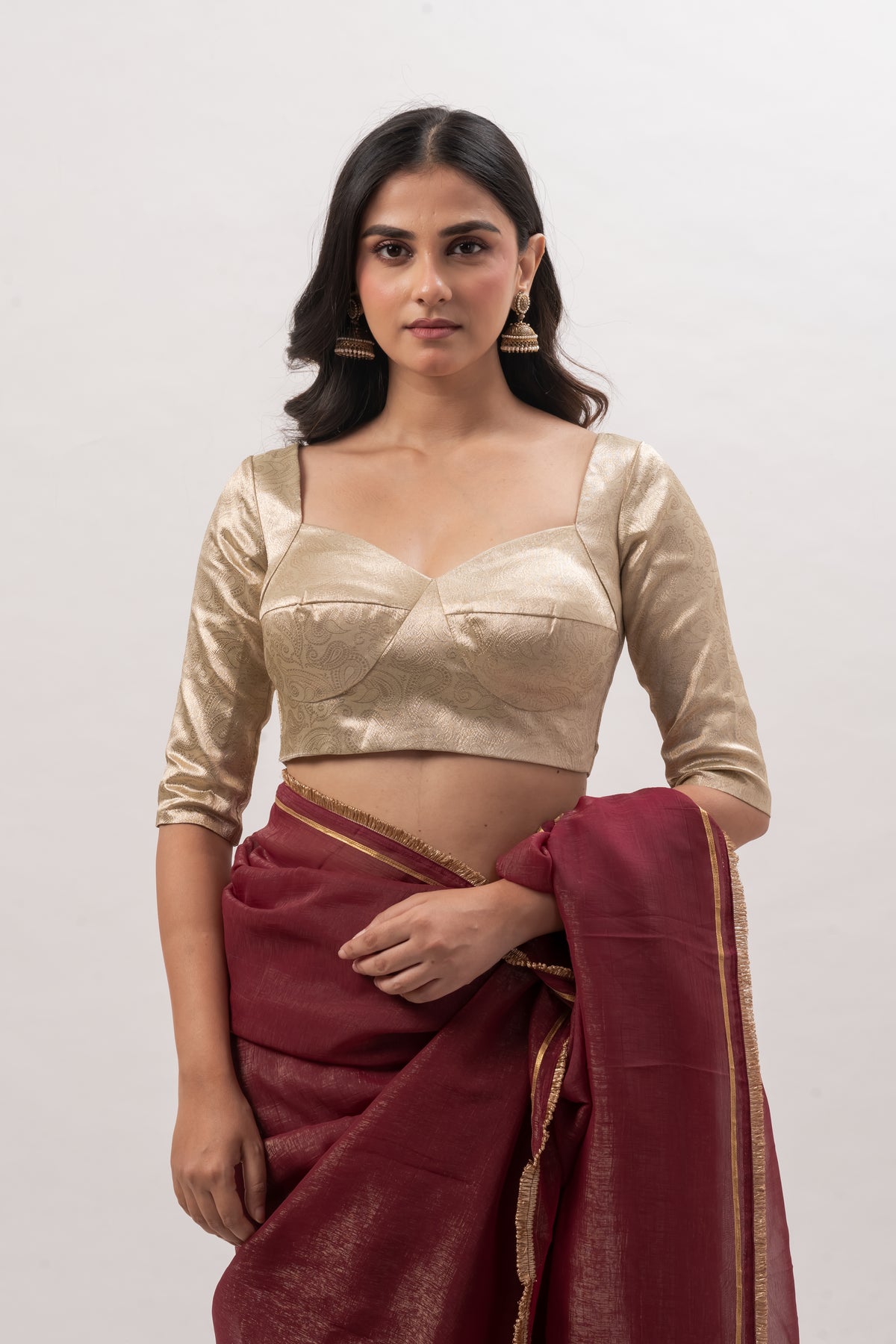 Muted Gold Elbow-Sleeve Sweetheart Blouse