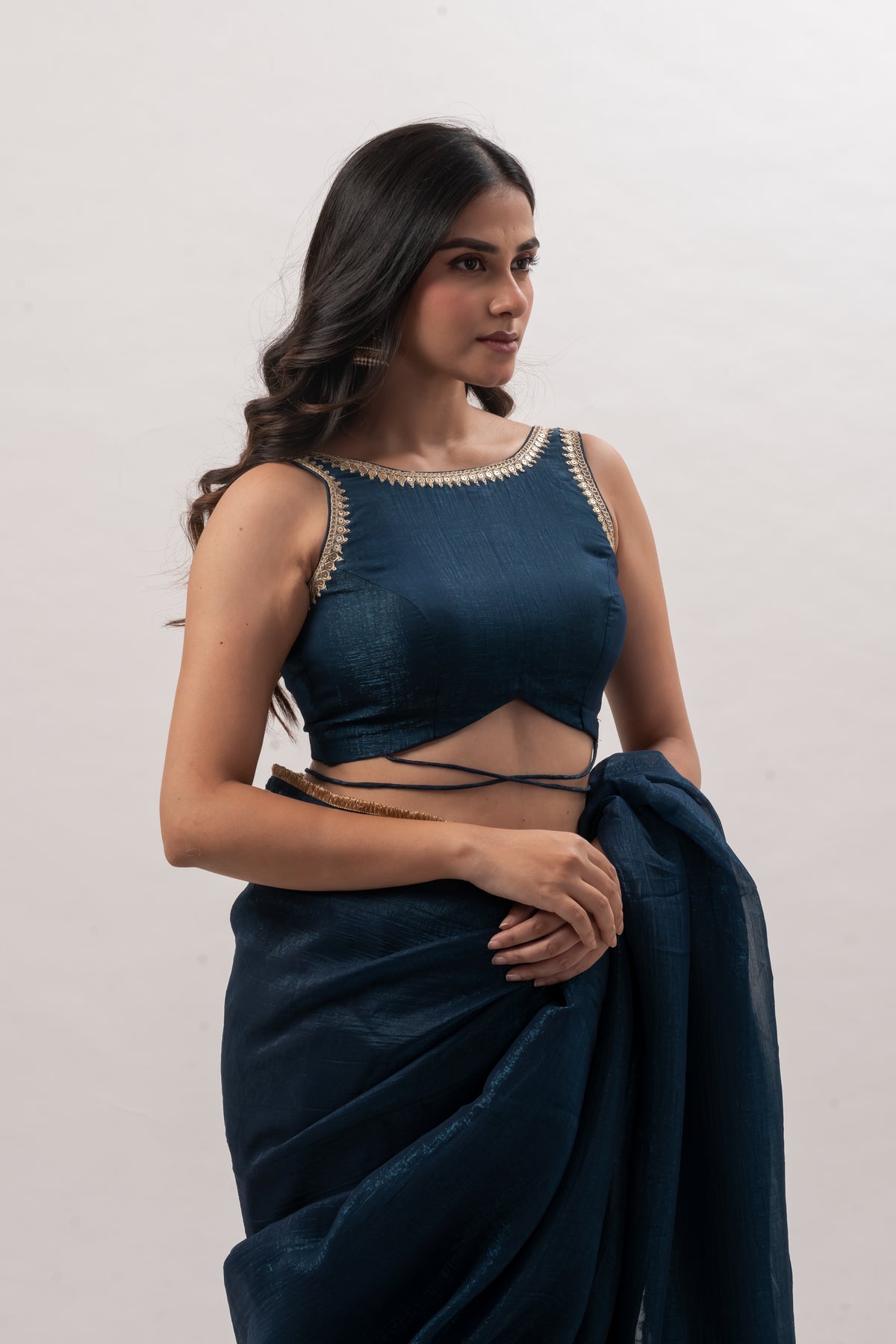 Teal Blue Metallic Silk Boat Neck Blouse