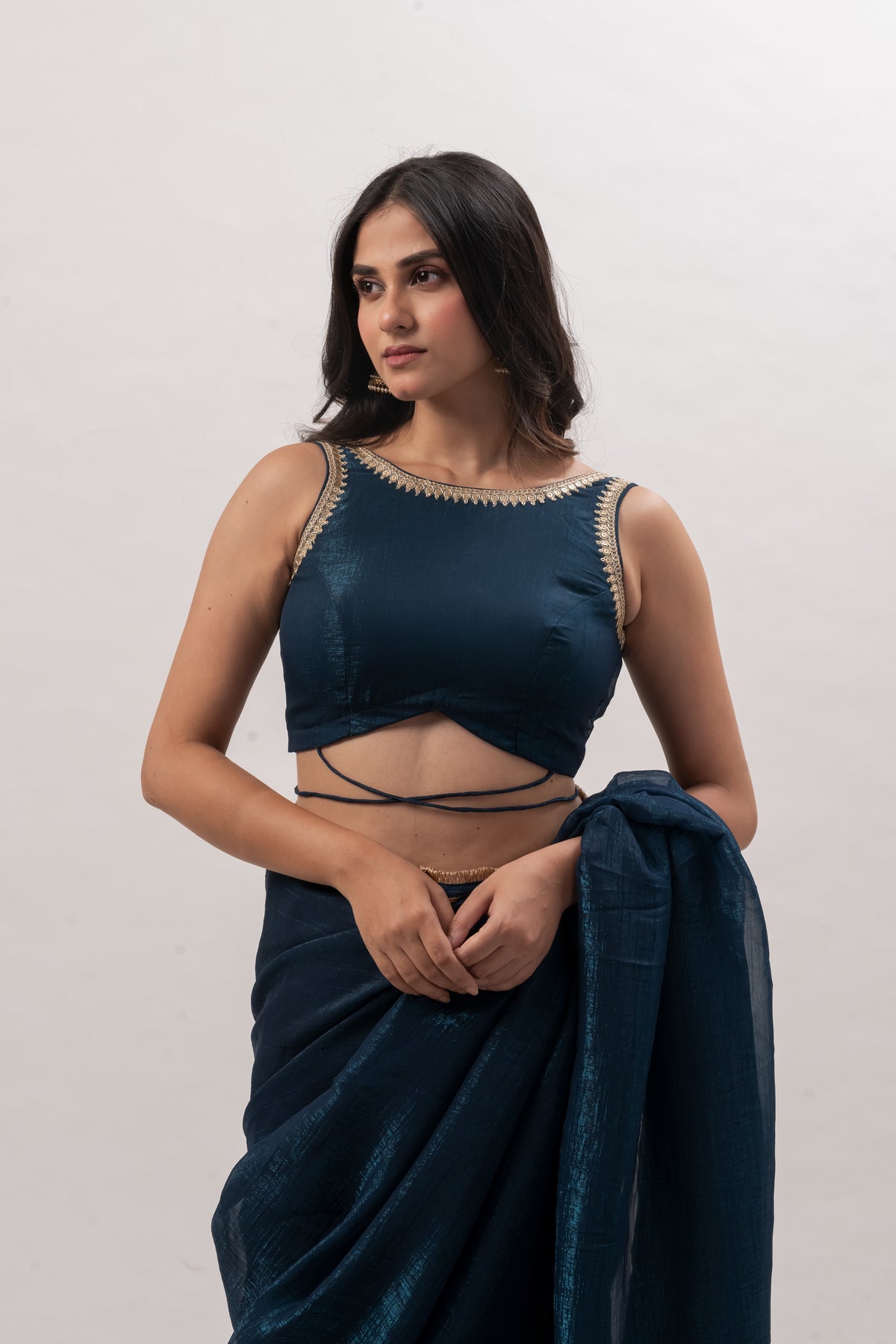 Teal Blue Metallic Silk Boat Neck Blouse