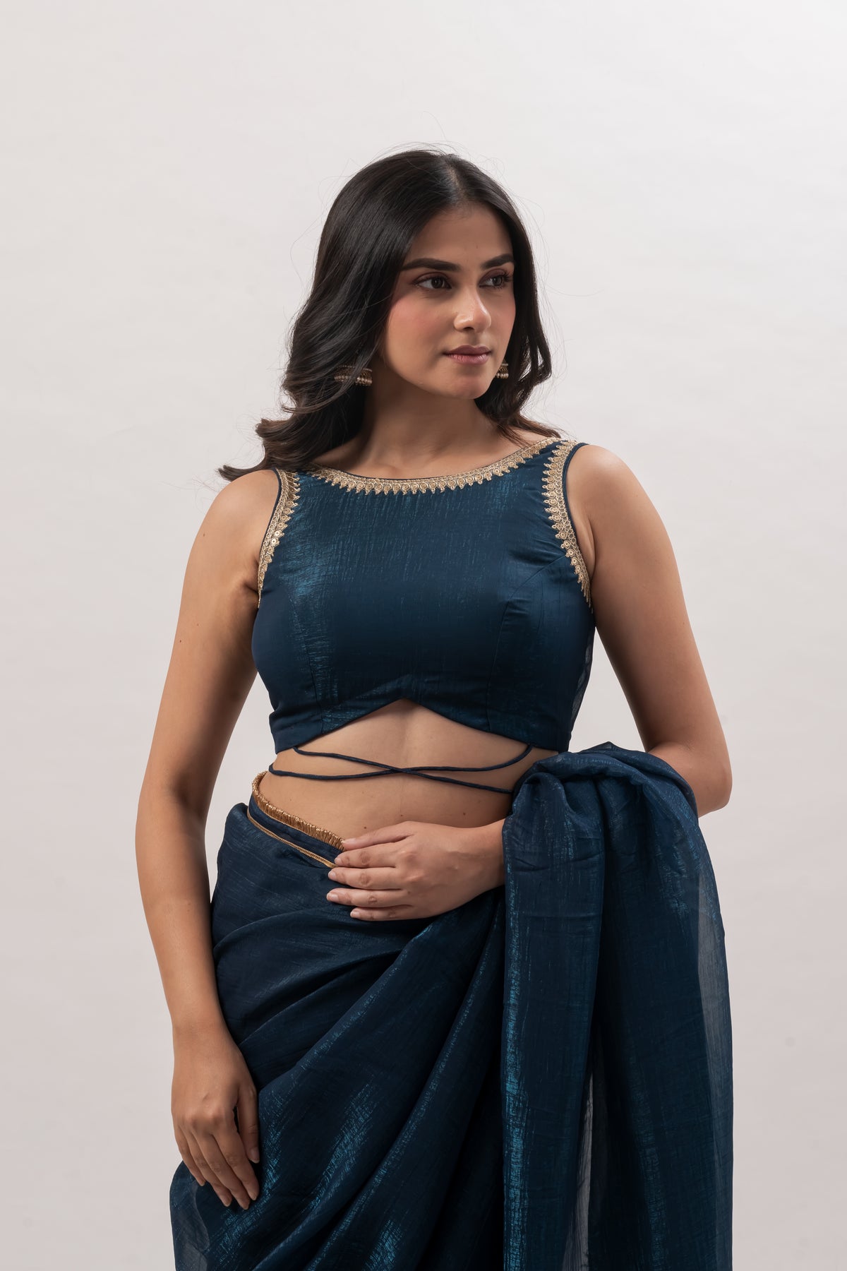 Teal Blue Metallic Silk Boat Neck Blouse