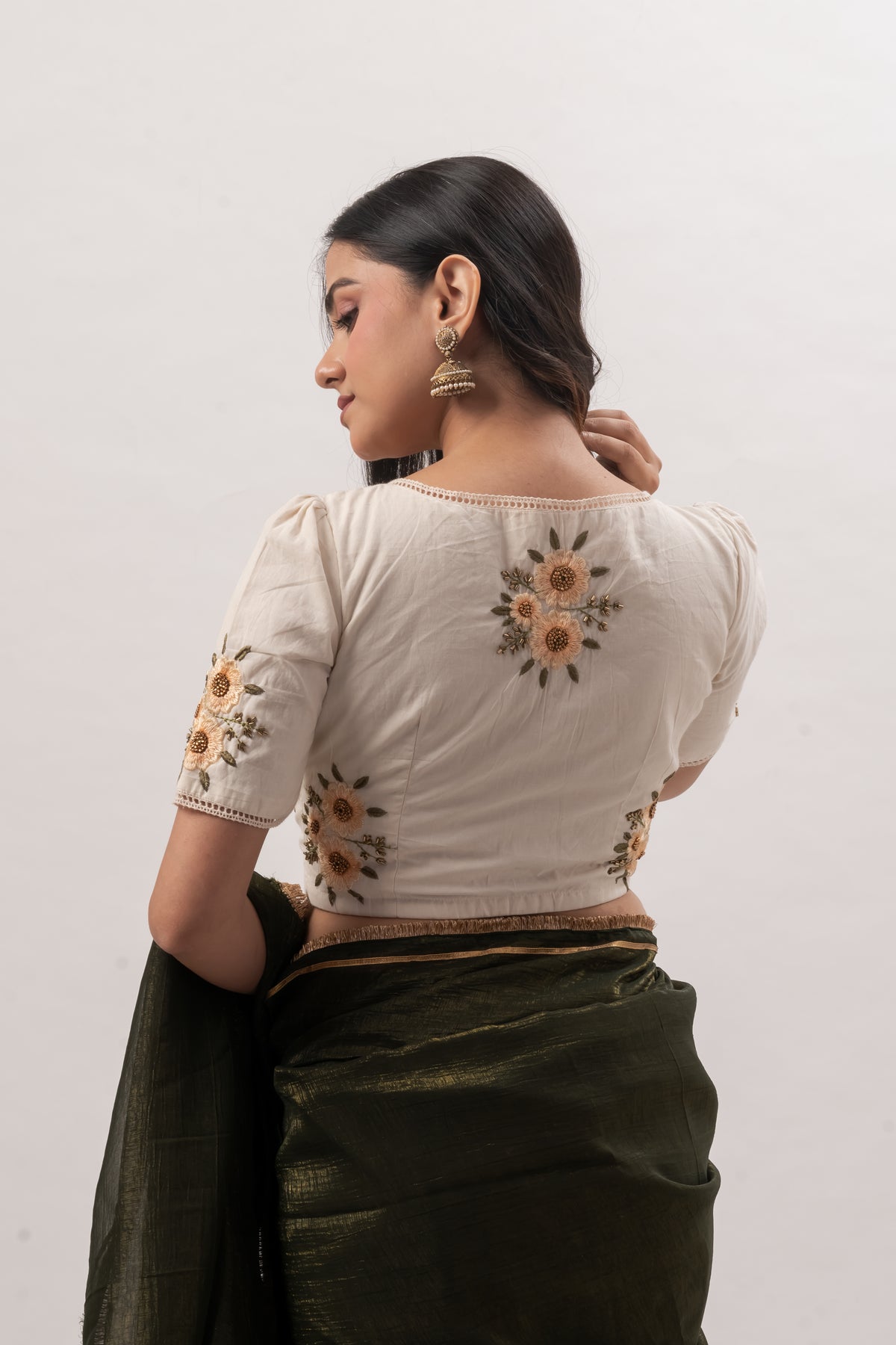 Off White Cotton Embroidered V- Neck Blouse