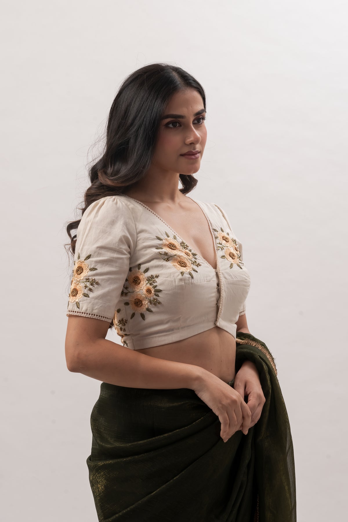 Off White Cotton Embroidered V- Neck Blouse