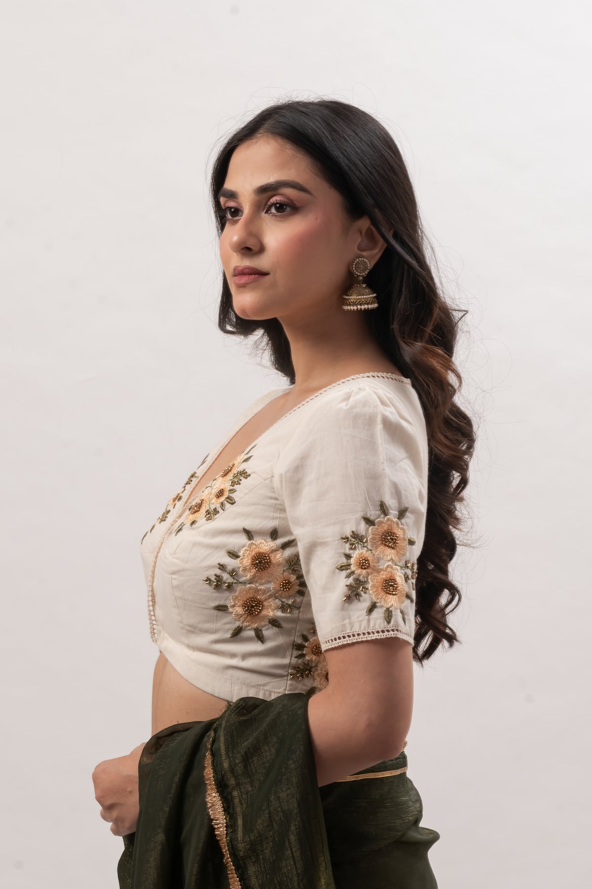 Off White Cotton Embroidered V- Neck Blouse