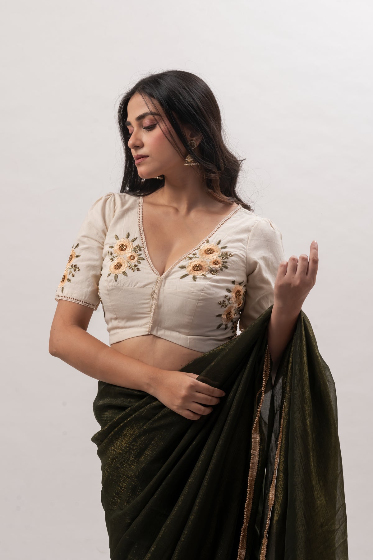 Off White Cotton Embroidered V- Neck Blouse