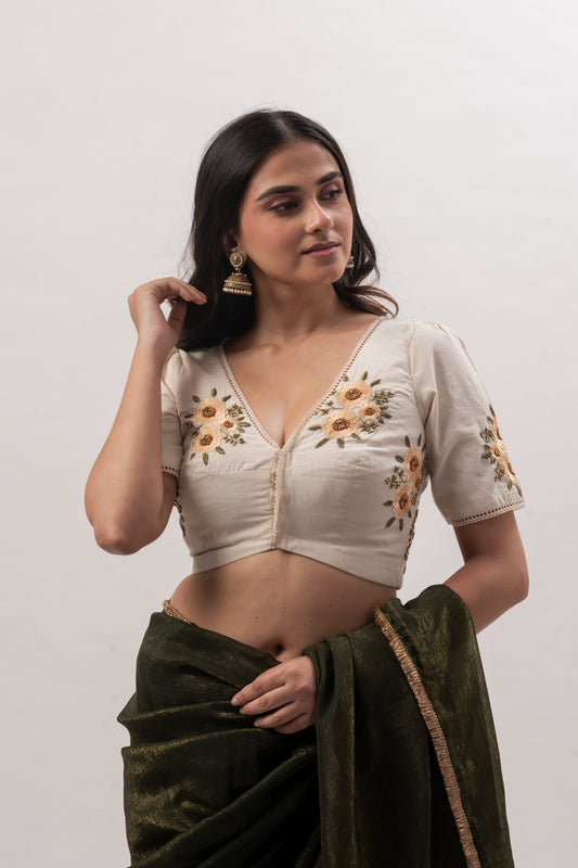Off White Cotton Embroidered V- Neck Blouse