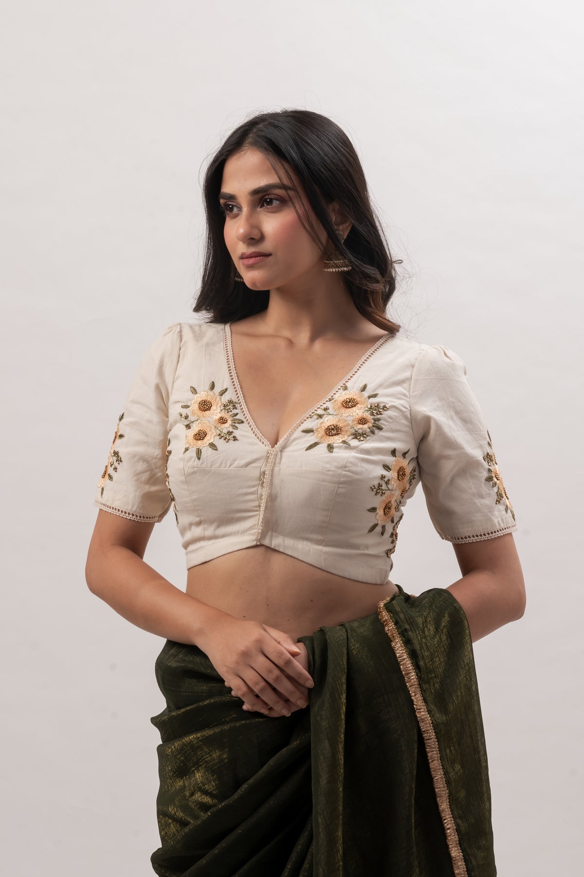 Off White Cotton Embroidered V- Neck Blouse