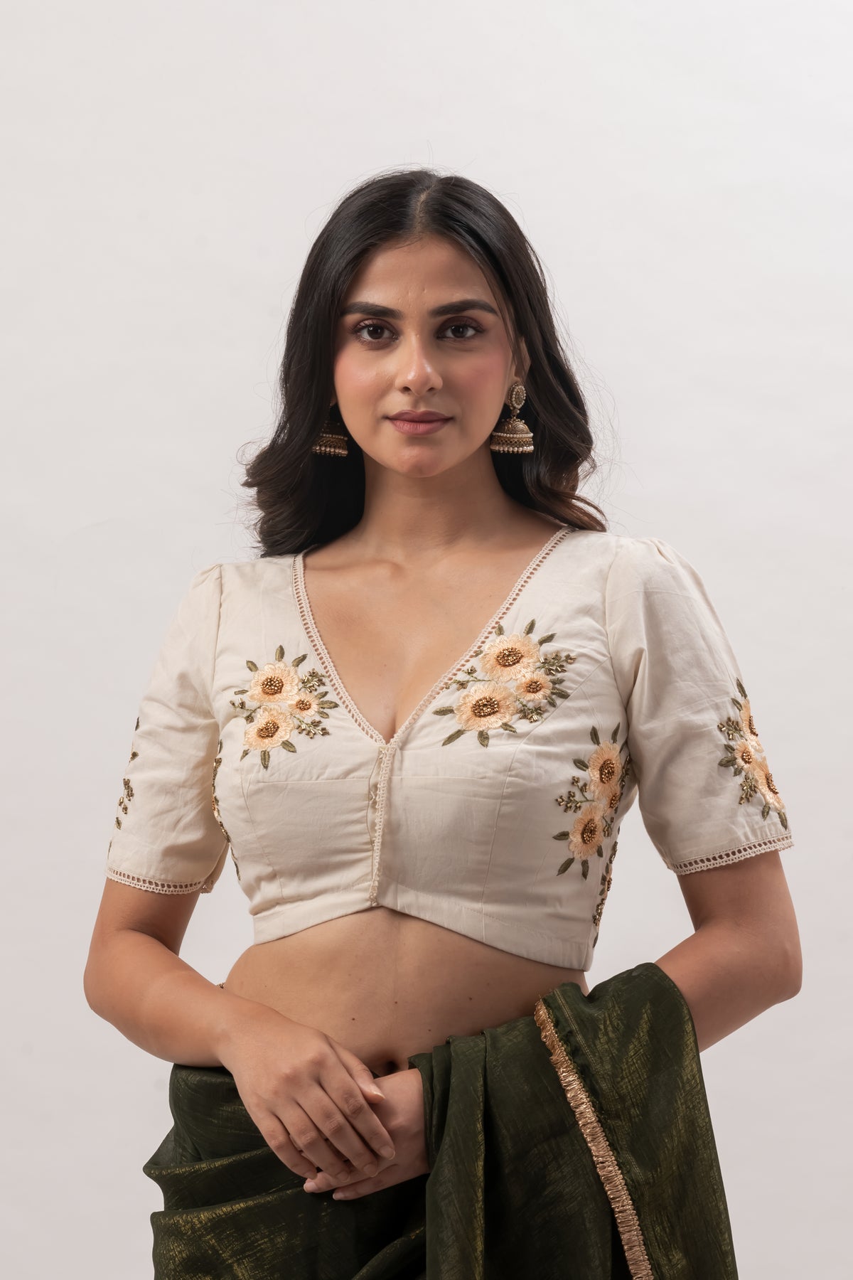 Off White Cotton Embroidered V- Neck Blouse