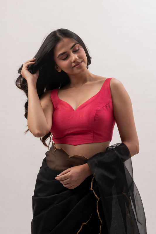 Pink Plain Chanderi Sweetheart Neck Blouse