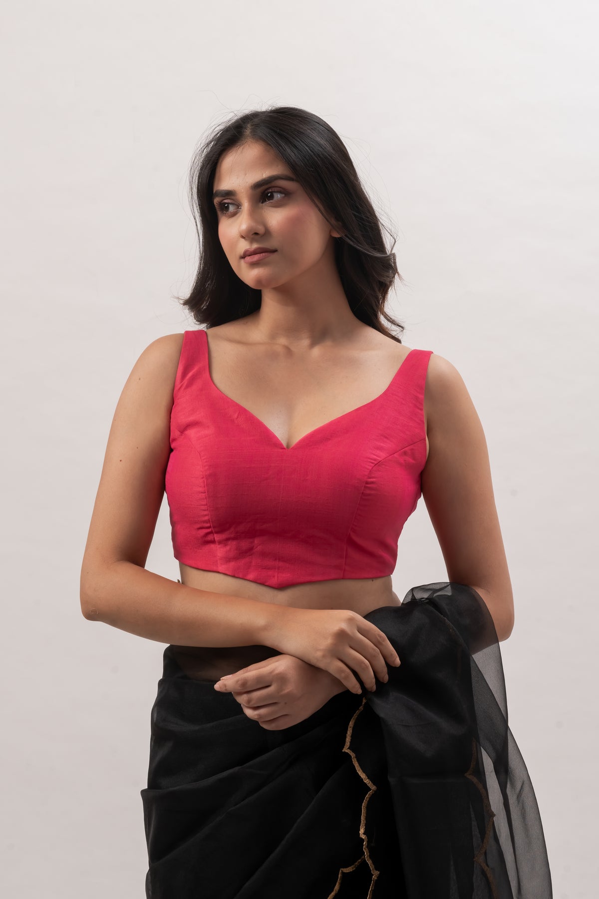 Pink Plain Chanderi Sweetheart Neck Blouse