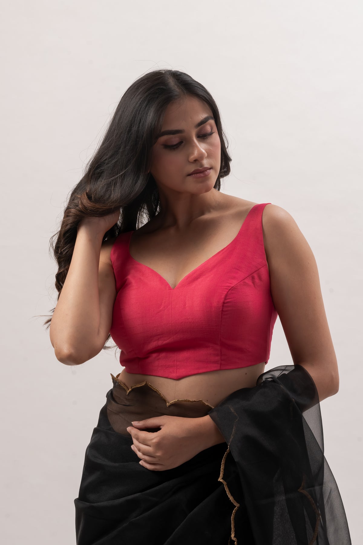 Pink Plain Chanderi Sweetheart Neck Blouse