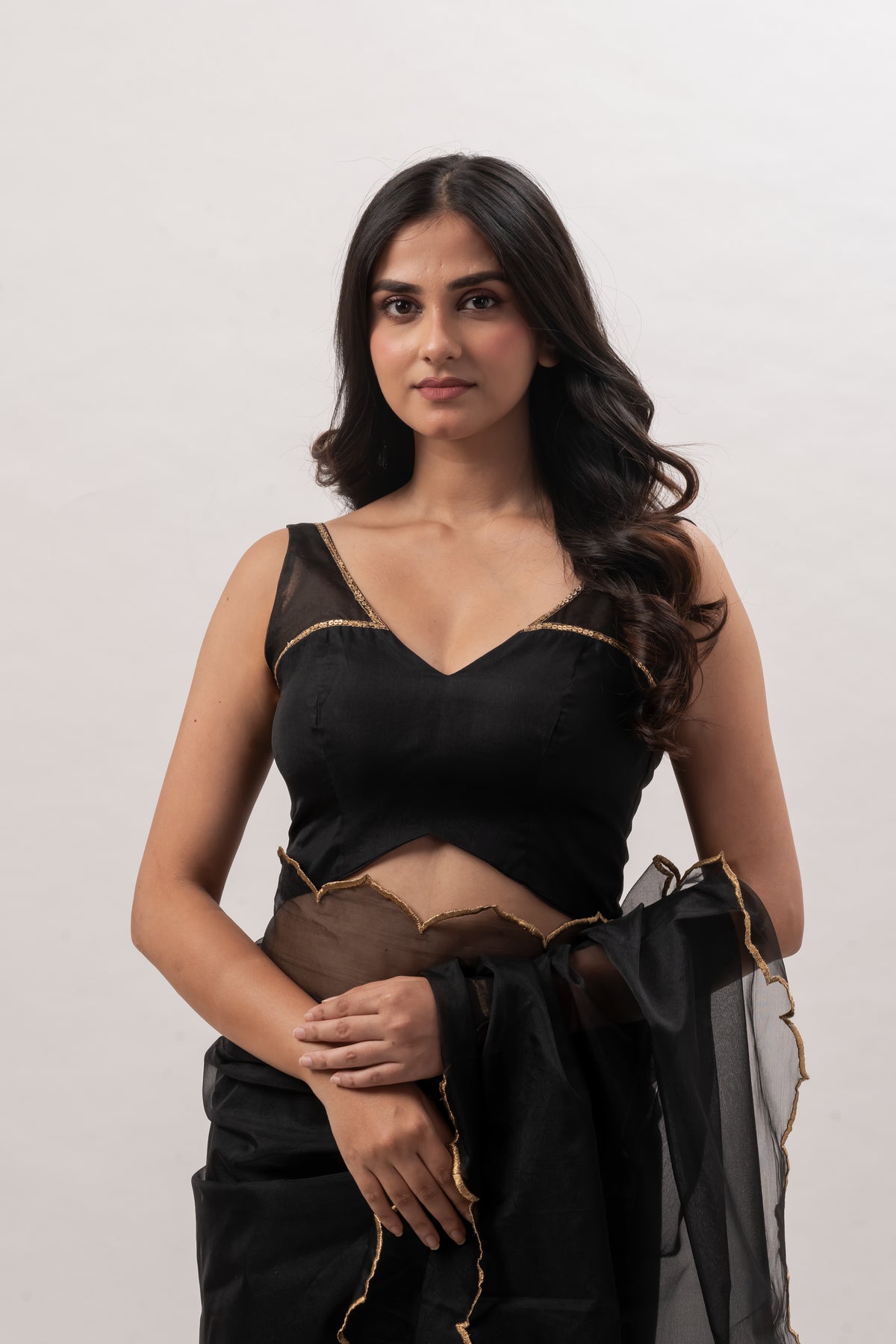 Black Sleeveless Deep V-Neck Blouse