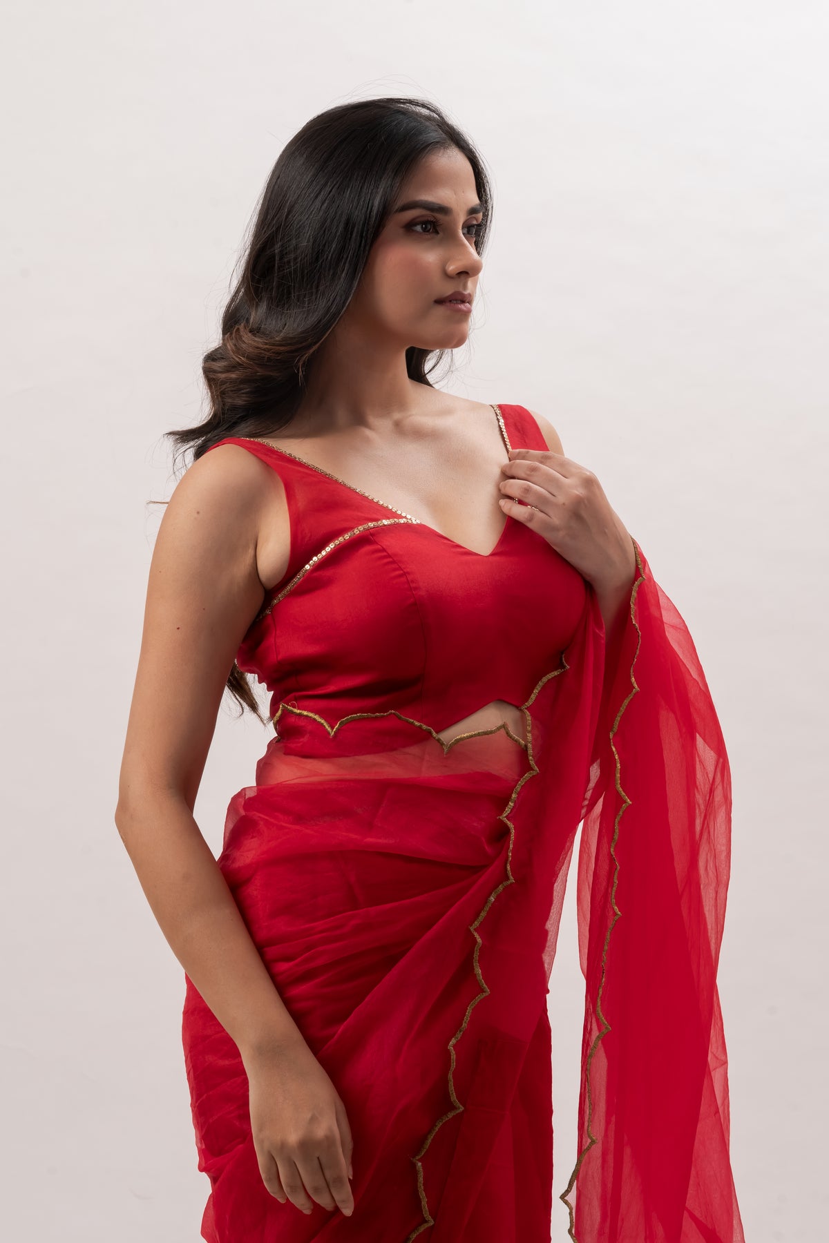 Crimson Red Sleeveless Deep V-Neckline Blouse