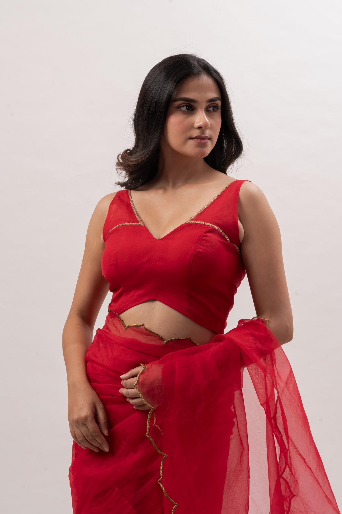 Crimson Red Sleeveless Deep V-Neckline Blouse