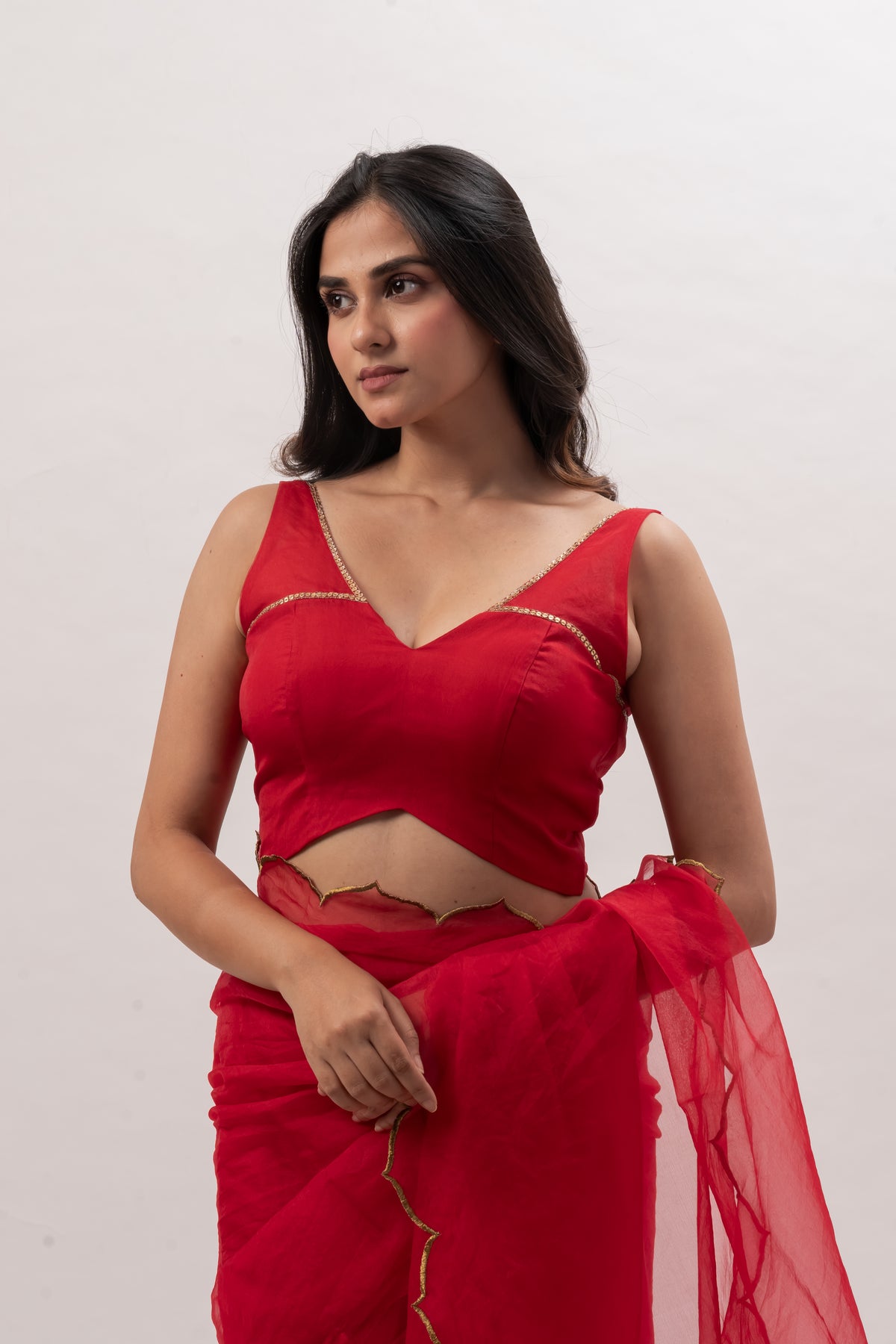 Crimson Red Sleeveless Deep V-Neckline Blouse
