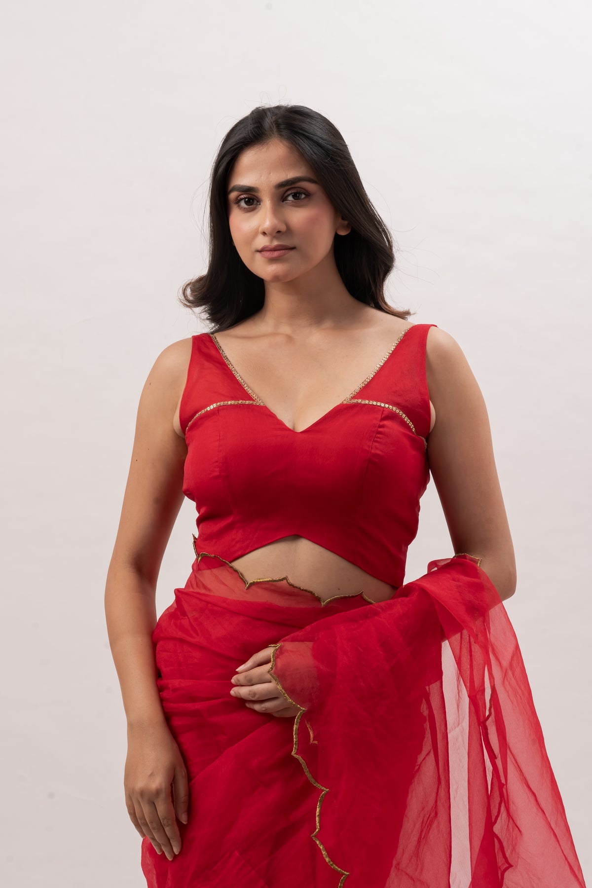 Crimson Red Sleeveless Deep V-Neckline Blouse