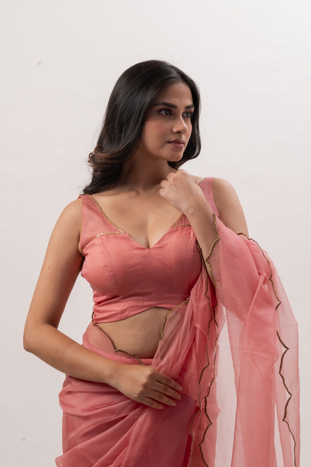 Peach Pink Sleeveless Deep V-Neck Blouse