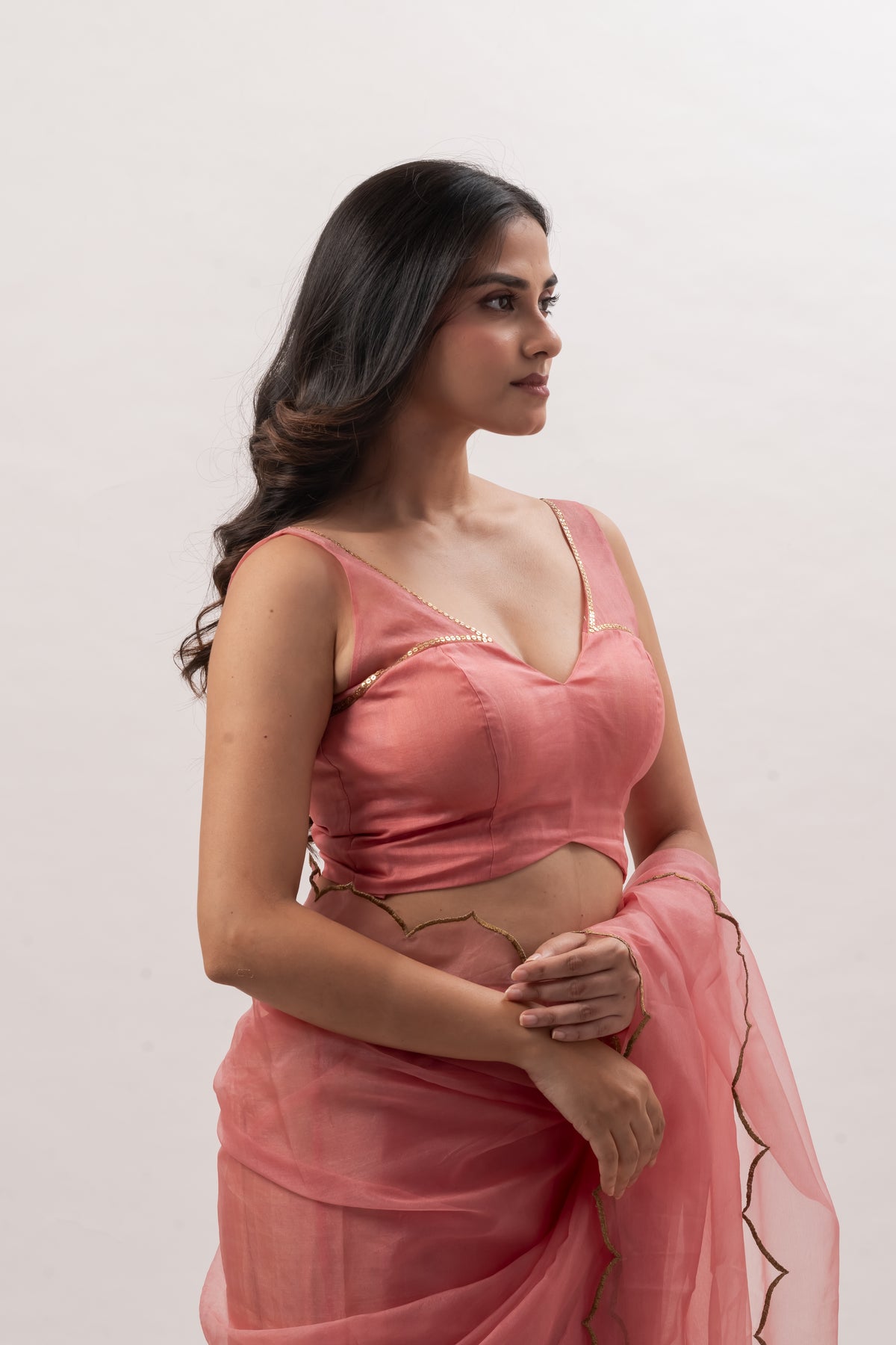 Peach Pink Sleeveless Deep V-Neck Blouse