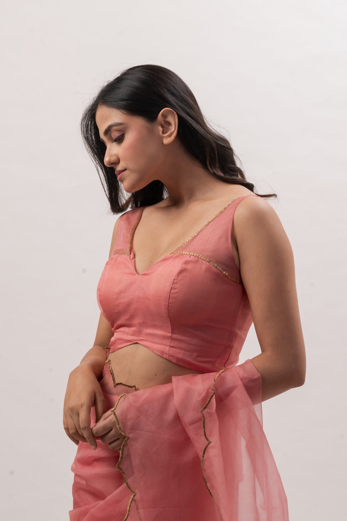 Peach Pink Sleeveless Deep V-Neck Blouse