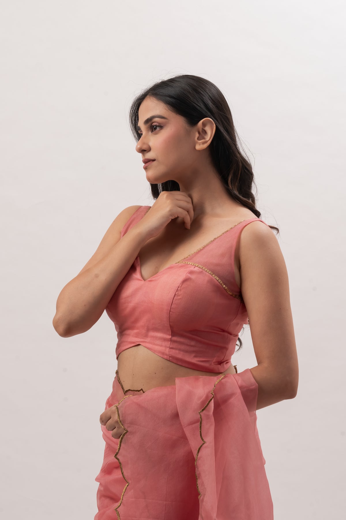 Peach Pink Sleeveless Deep V-Neck Blouse