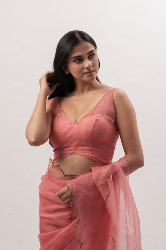 Peach Pink Sleeveless Deep V-Neck Blouse