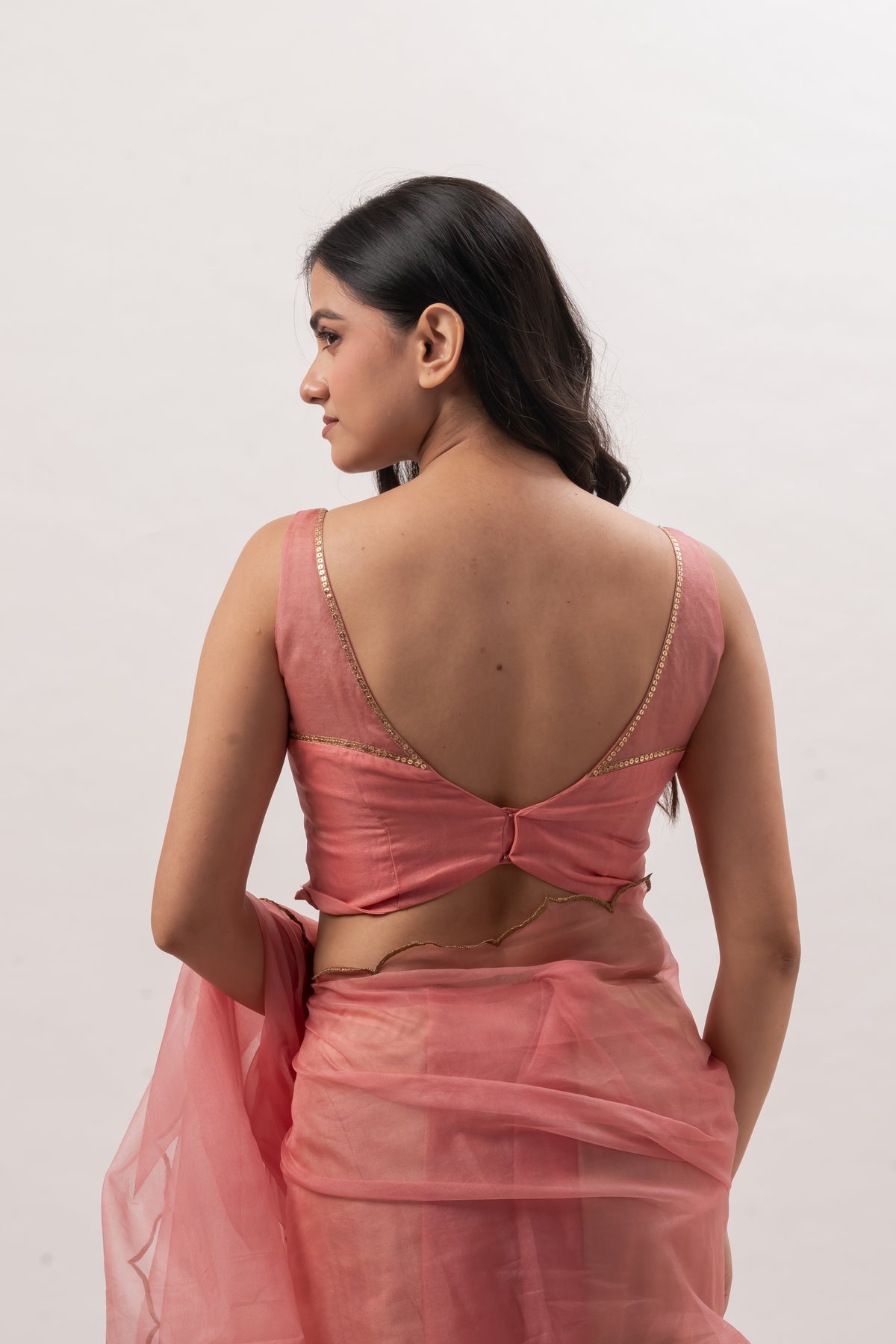 Peach Pink Sleeveless Deep V-Neck Blouse