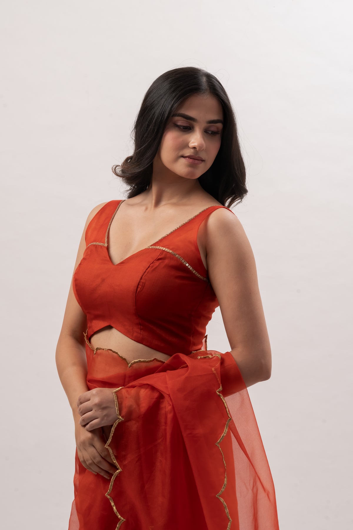 Rust Orange Organza V-Neck Blouse