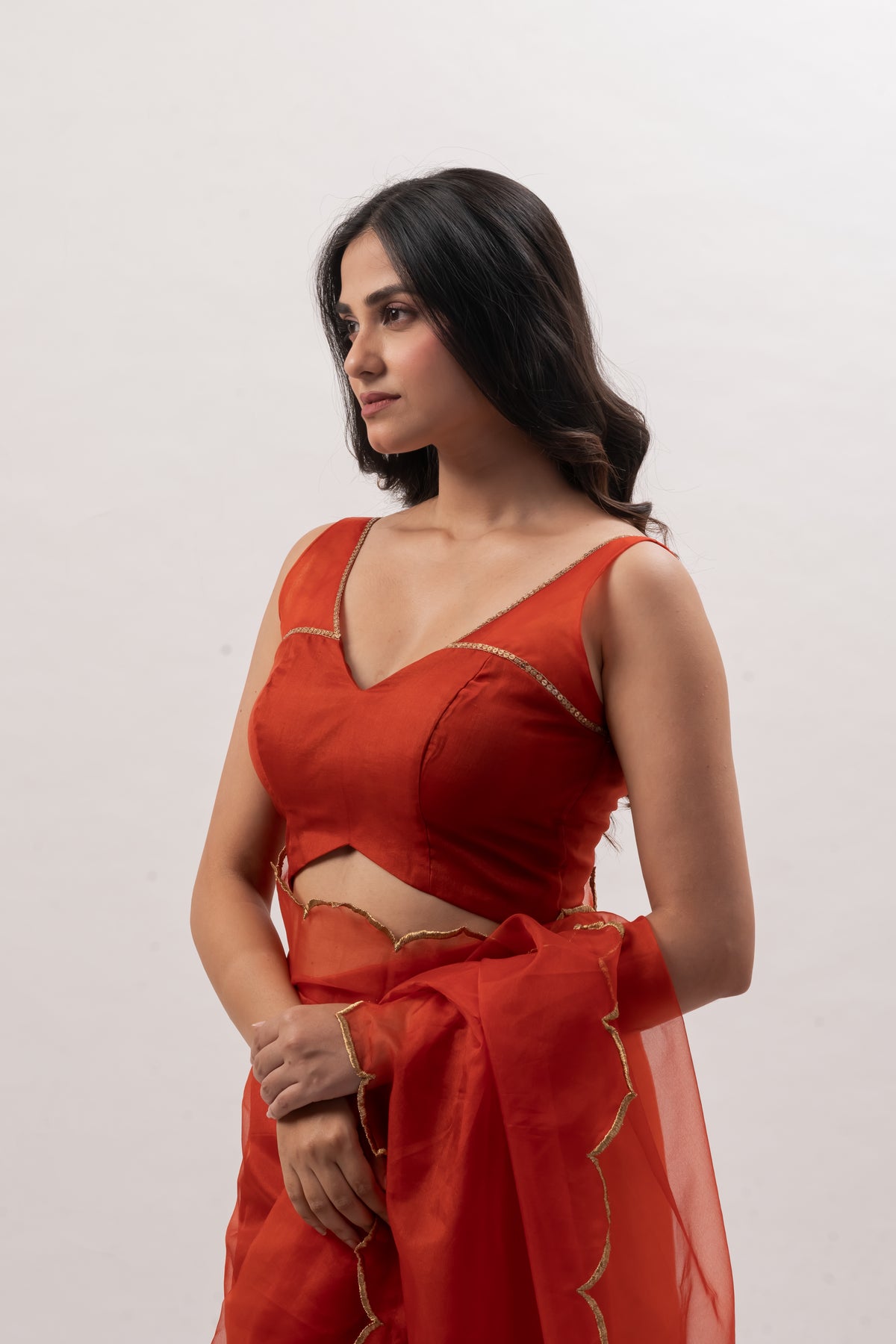 Rust Orange Organza V-Neck Blouse