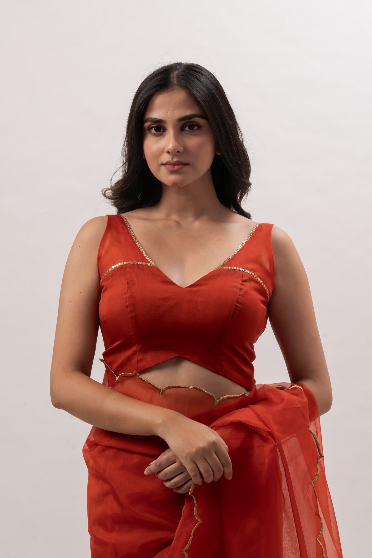 Rust Orange Organza V-Neck Blouse