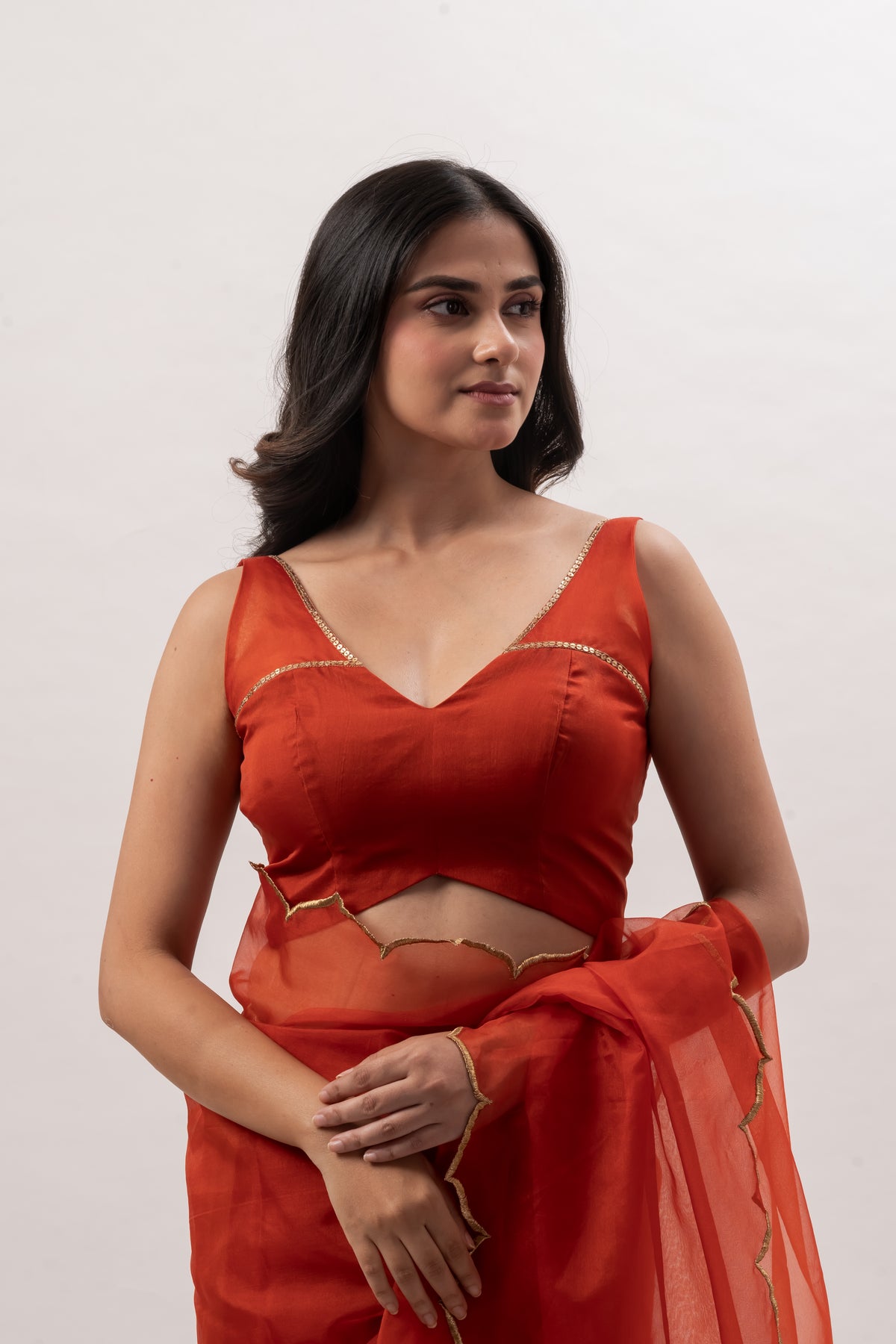 Rust Orange Organza V-Neck Blouse