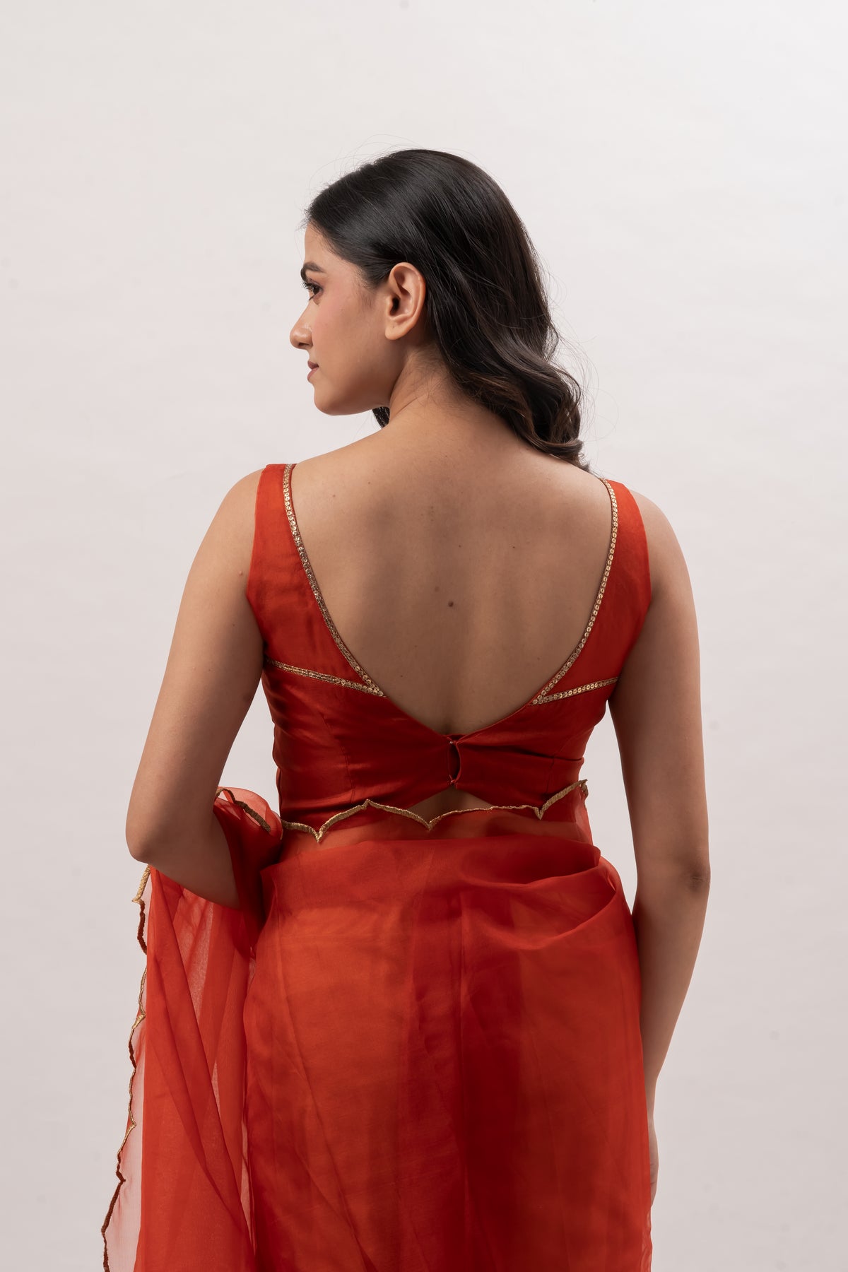Rust Orange Organza V-Neck Blouse
