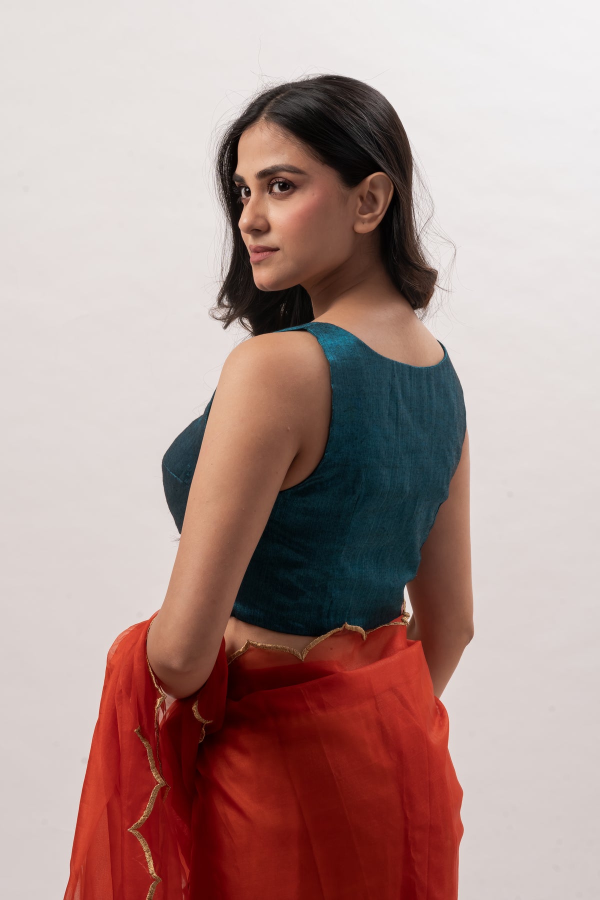 Teal Blue Broacade V-Neck Padded Blouse