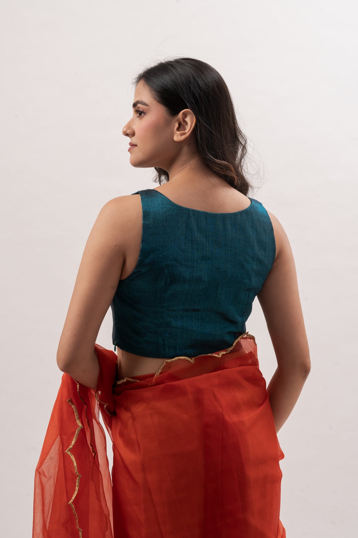 Teal Blue Broacade V-Neck Padded Blouse