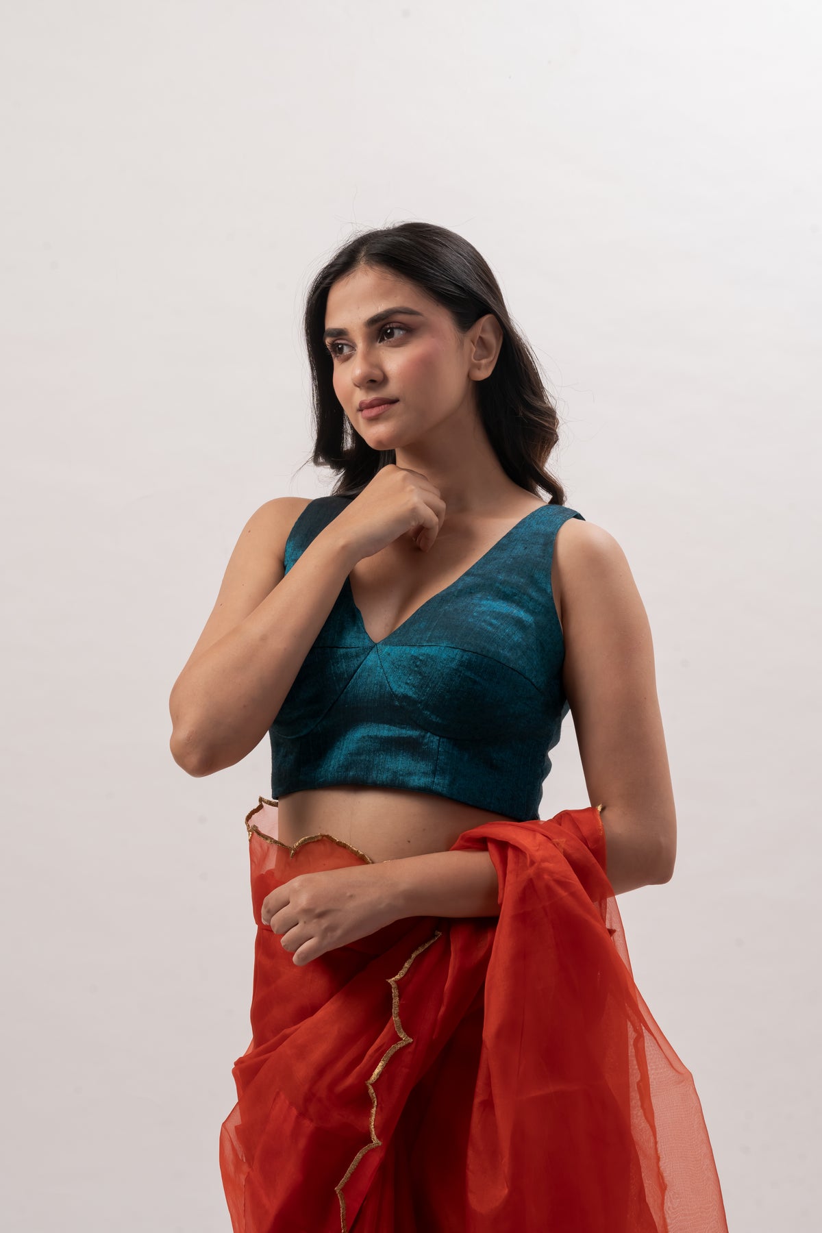 Teal Blue Broacade V-Neck Padded Blouse