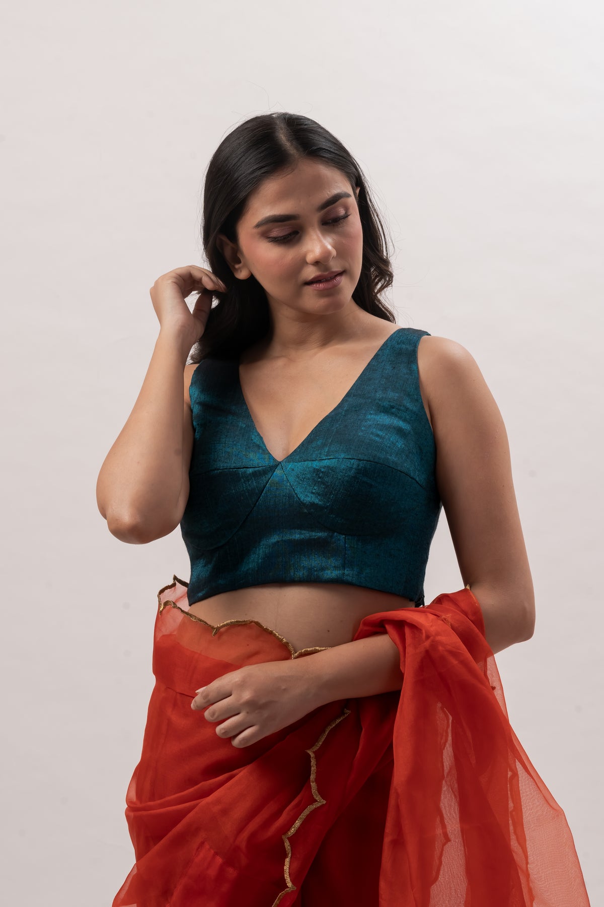 Teal Blue Broacade V-Neck Padded Blouse