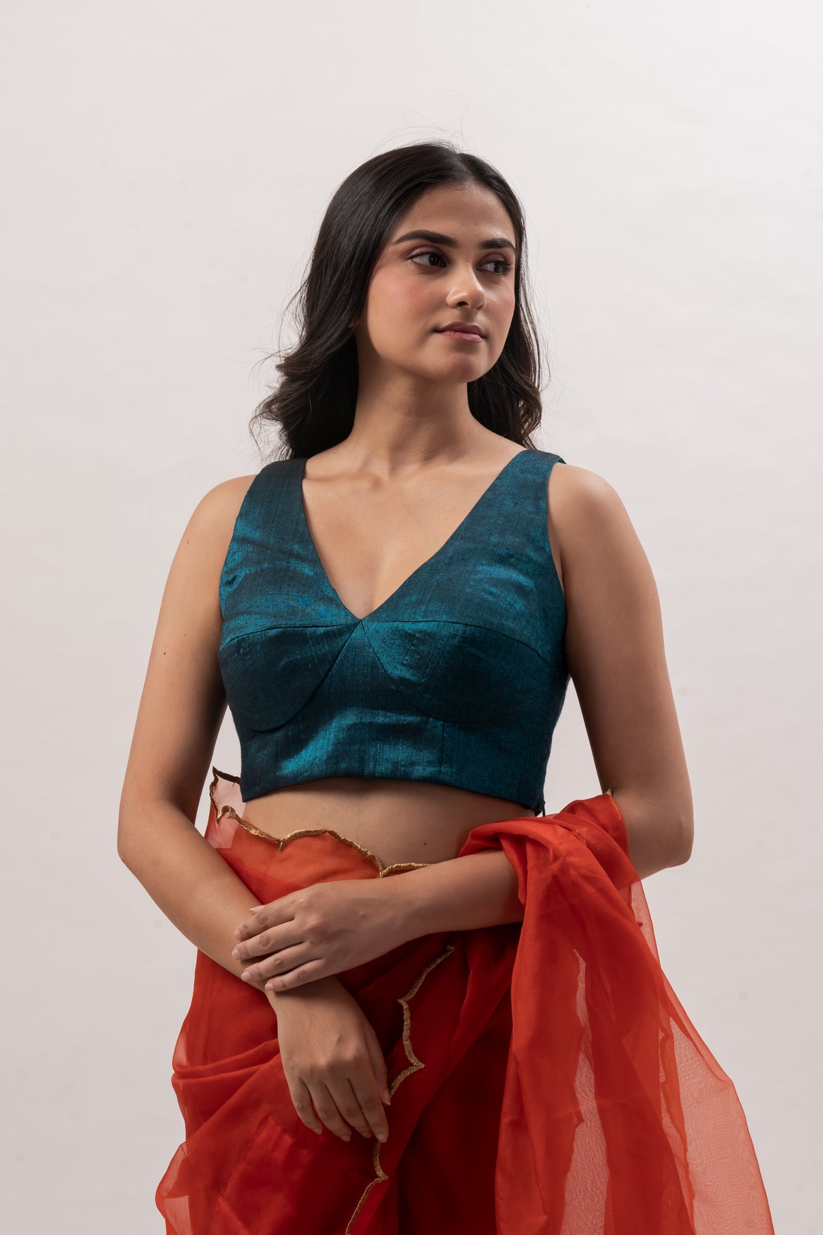 Teal Blue Broacade V-Neck Padded Blouse