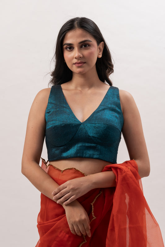 Teal Blue Broacade V-Neck Padded Blouse