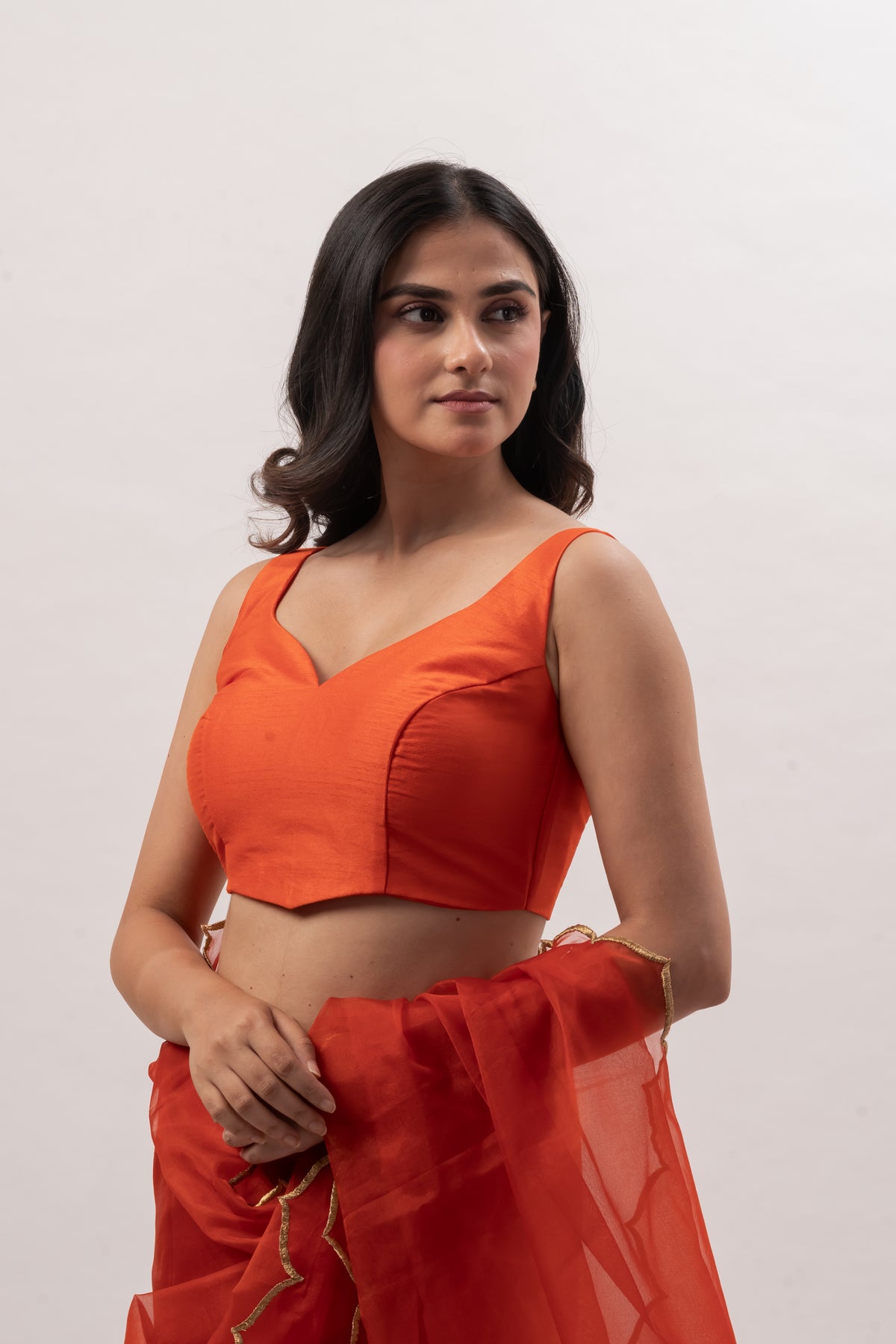 Orange Plain Chanderi Sweetheart Neck Blouse