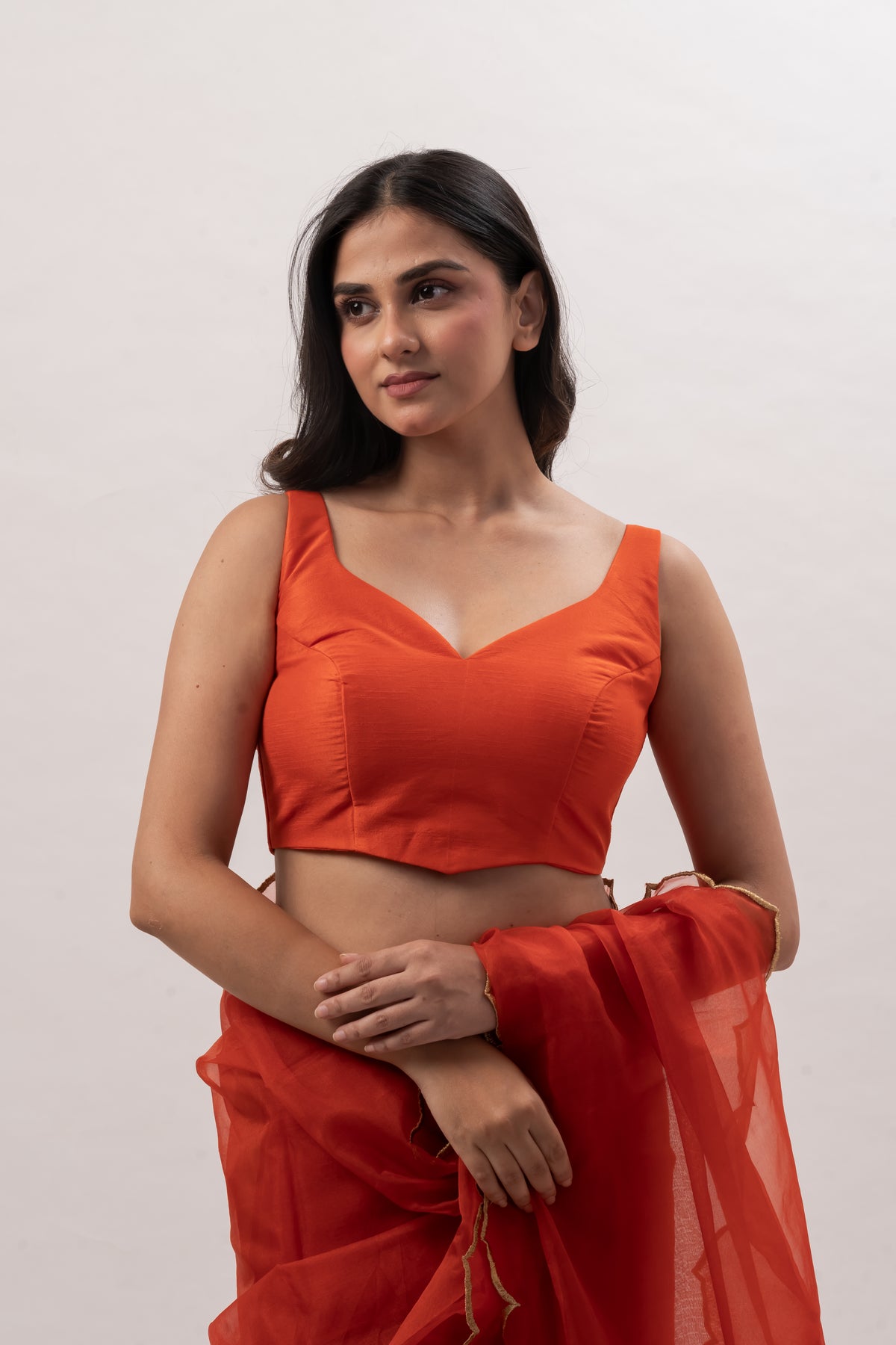Orange Plain Chanderi Sweetheart Neck Blouse
