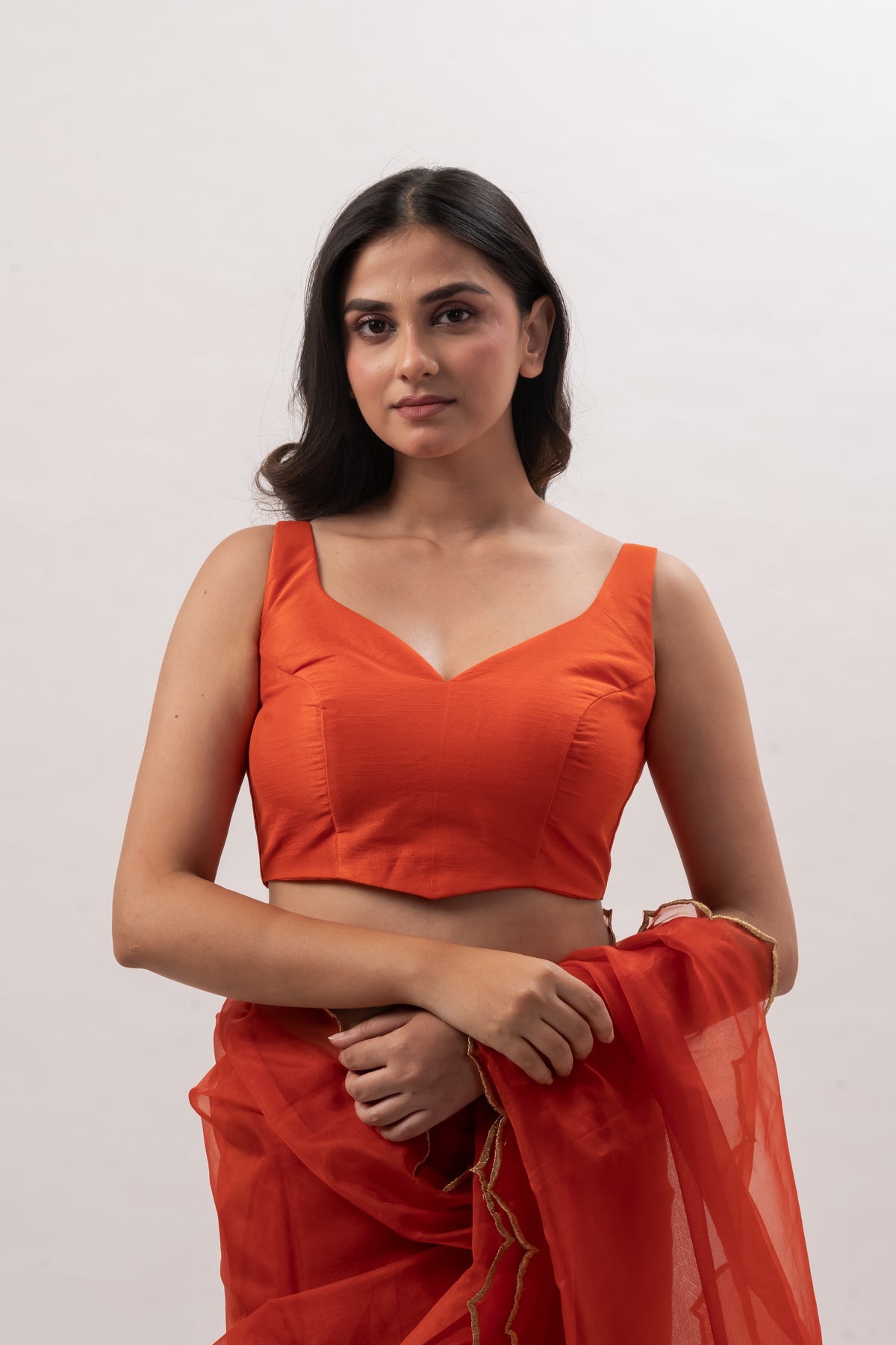 Orange Plain Chanderi Sweetheart Neck Blouse