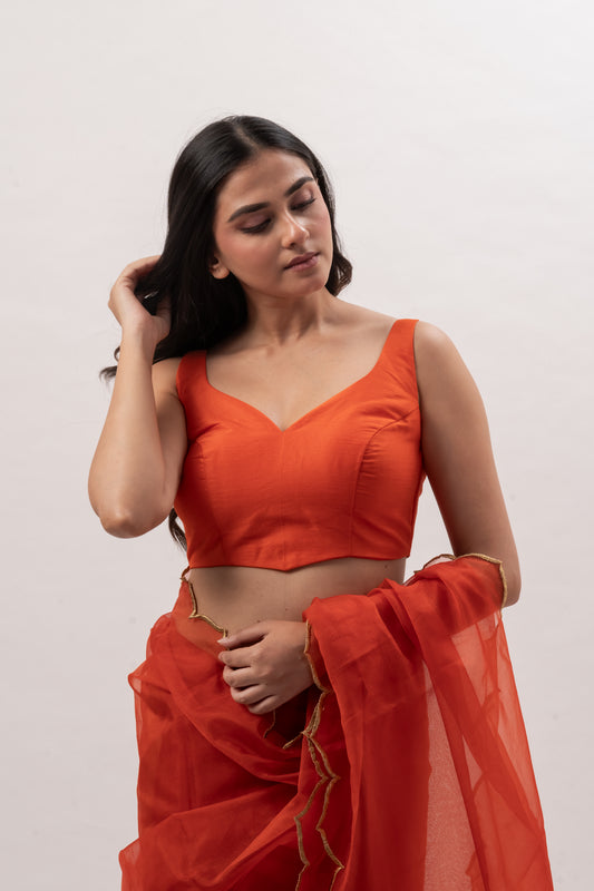 Orange Plain Chanderi Sweetheart Neck Blouse