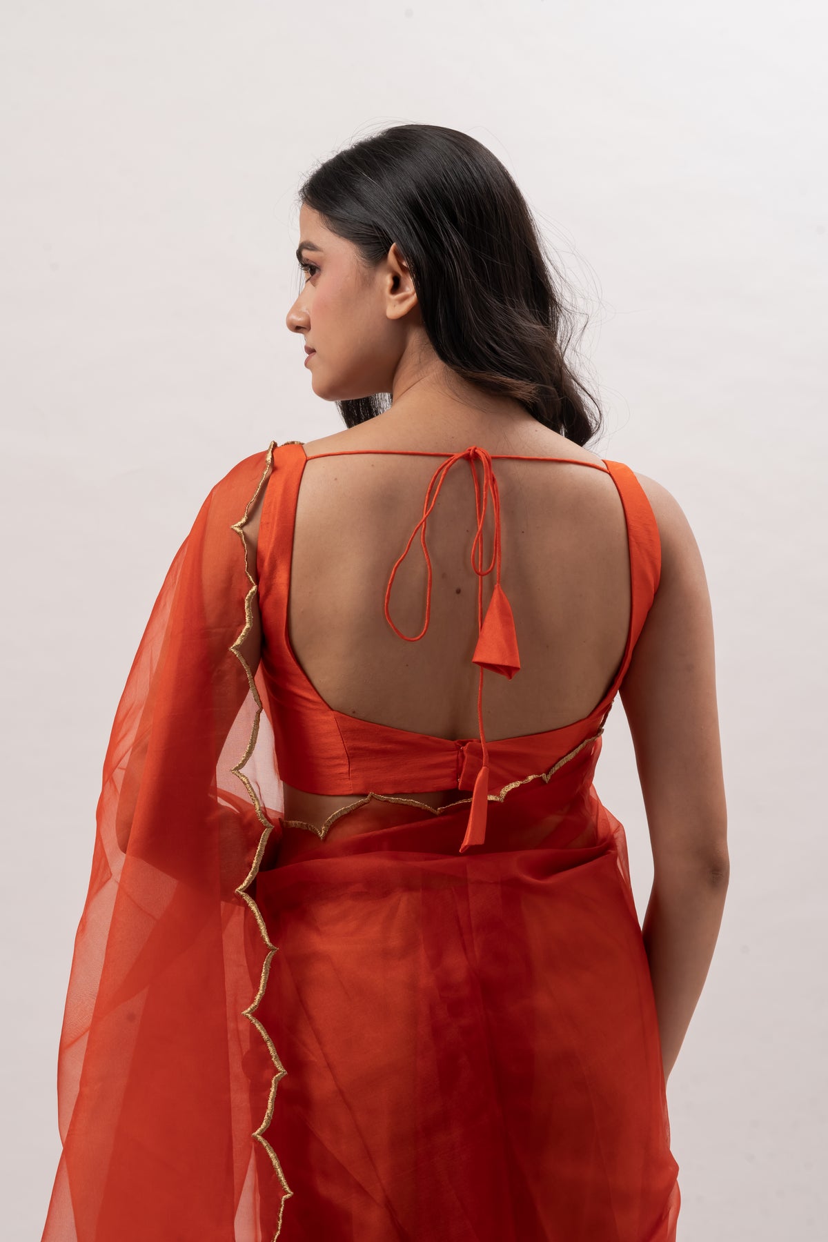 Orange Plain Chanderi Sweetheart Neck Blouse